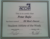 Petar's NCCAA Student-Athlete of the Week Certificate